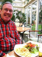 Joe's superb cheese Spätzele lunch at the Cafe Schafheutle, "the sweet heart of Heidelberg," after we came in to eat a second time, with the appetite of a lion (traditional symbol of the "Kurpfalz", Palatinate).